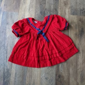 Vintage Sailor Dress Girls 6-12m Red Navy Blue Nautical Puff Sleeve.